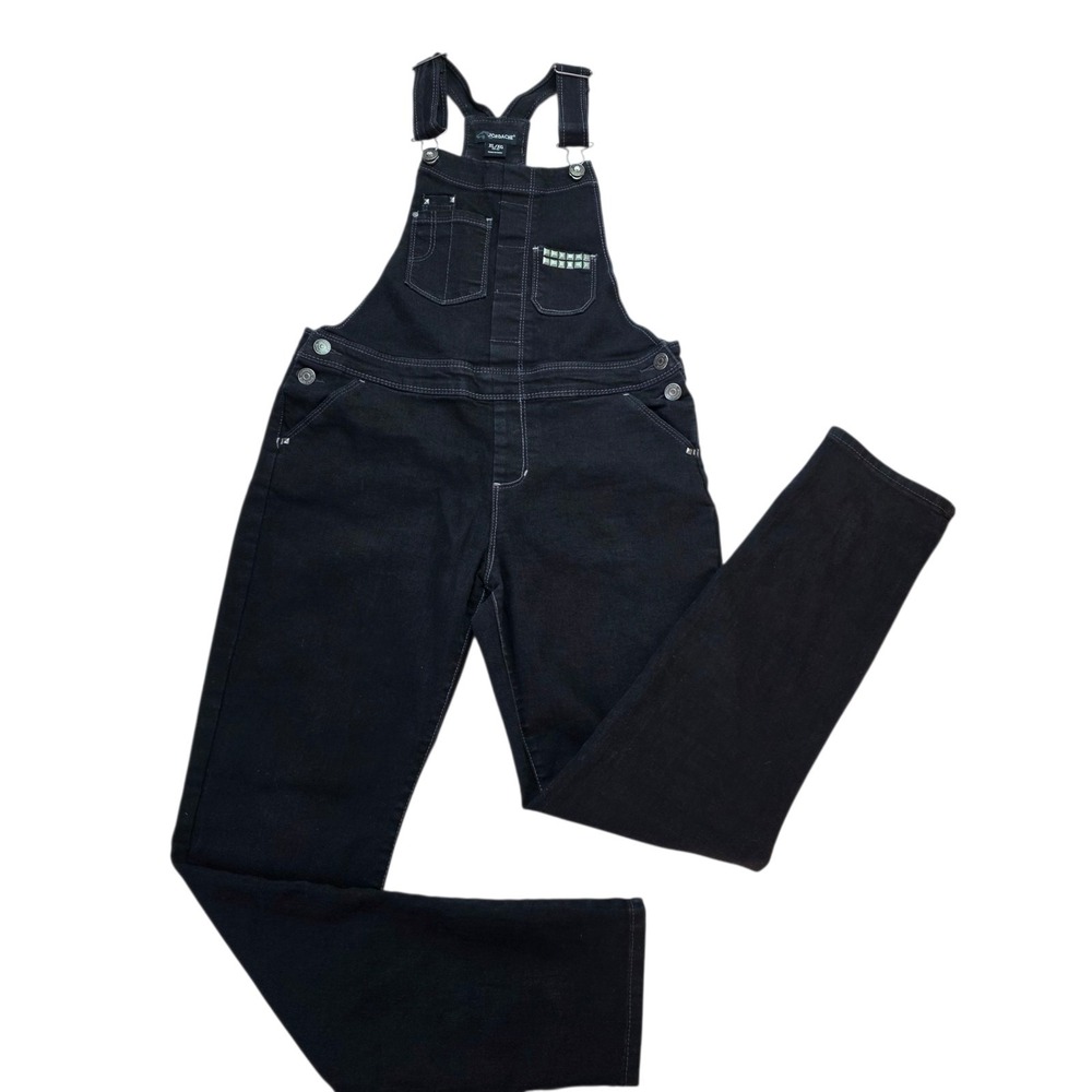 Jordache Juniors Black Denim Overalls XL 14-16 Studded Pocket‎ Skinny Stretch